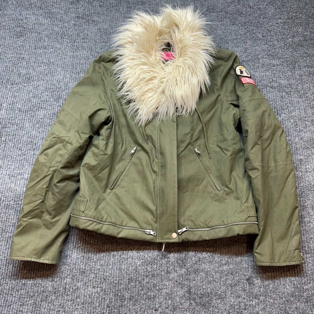 Vintage‎ Juicy Couture Army Jacket Womens Large Olive Faux Fur Collar Rare Y2K